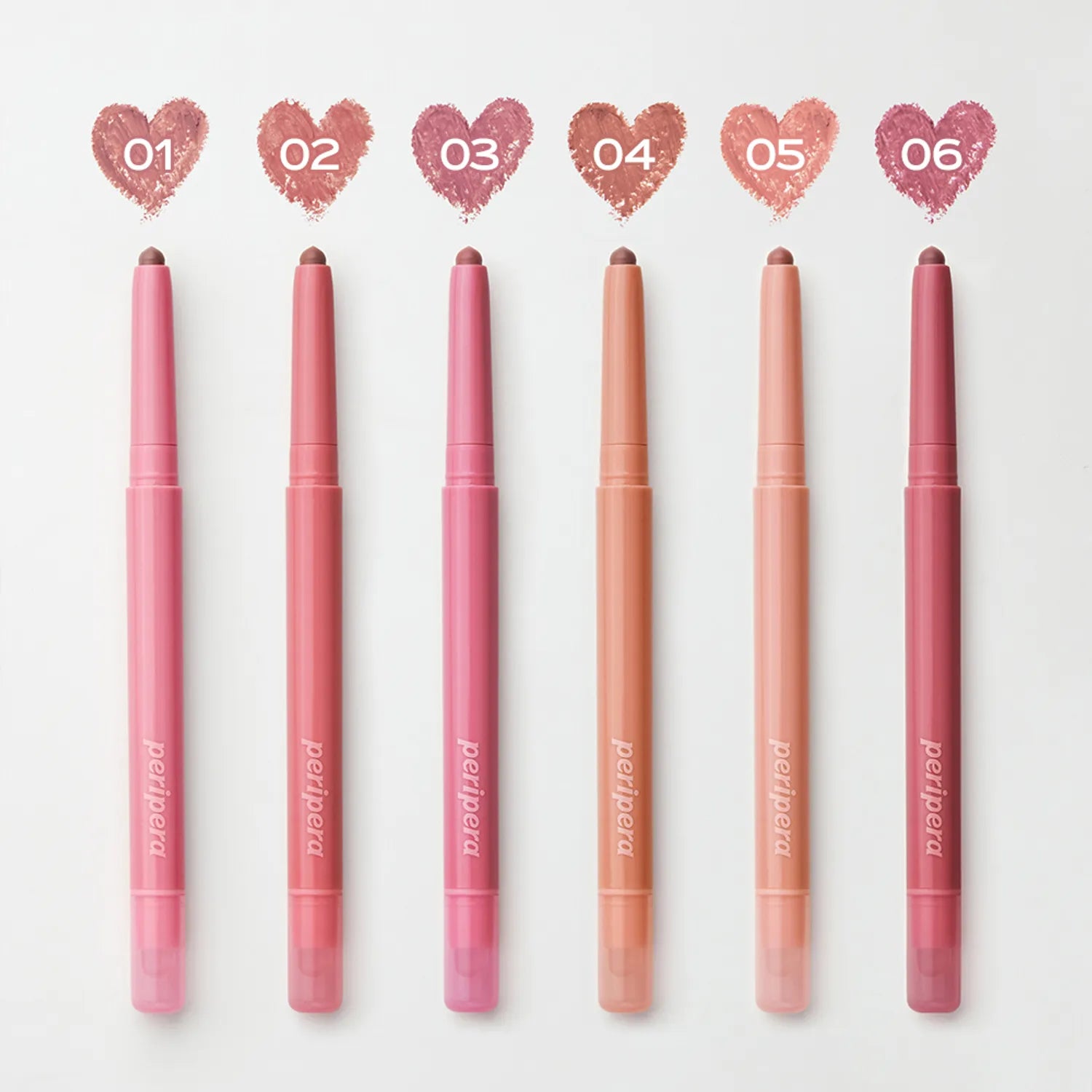 Décris l'image en français avec PERIPERA Puppy Plumping Dew Lip Pencil, marque PERIPERA, visuel de 6 teintes sur fond clair.