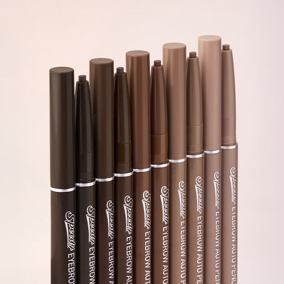 Décris l'image en français : PERIPERA Speedy Eyebrow Auto Pencil 25AD, marque PERIPERA, crayons maquillage sourcils en rangée.