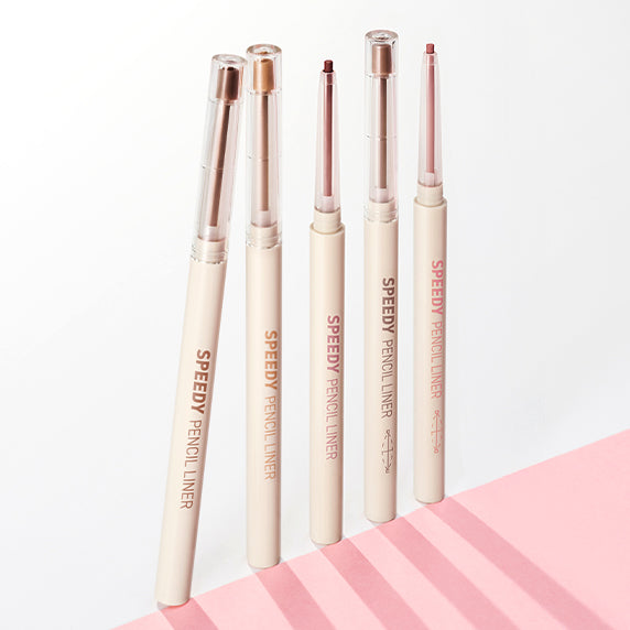 PERIPERA Speedy Pencil Liner, marque PERIPERA, stylos eyeliner en teintes nude sur fond blanc et rose pastel.
