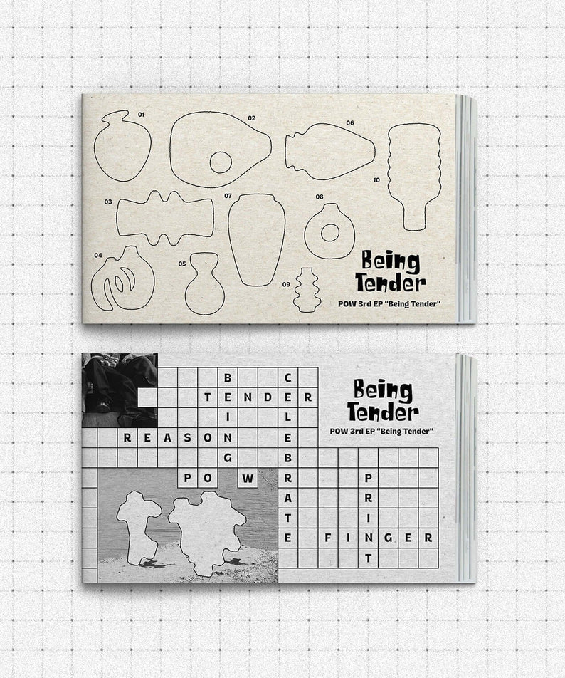 POW - [Being Tender] (Photobook Ver.) (Set of 2) - Album Kpop, photobook ouvert, design typographique sur fond quadrillé.