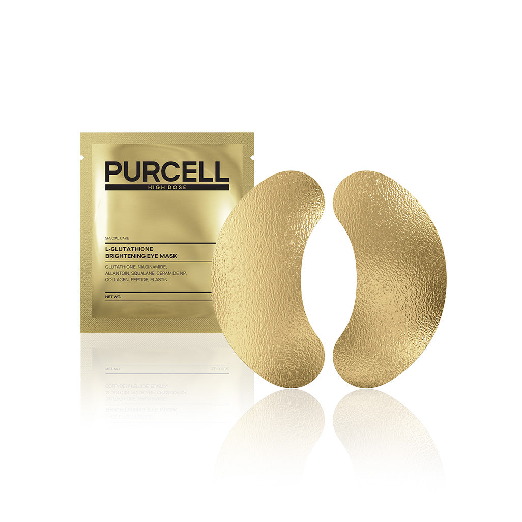 PURCELL 2 eye masks de la marque PURCELL : deux masques hydratants dorés sur fond blanc, pack et produit.