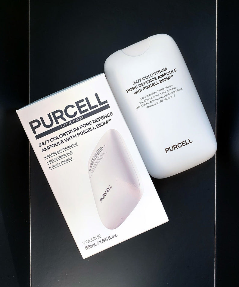 PURCELL 24/7 Colostrum Pore Defense Ampoule 55mL de PURCELL, en vue produit sur fond noir, photo packshot.