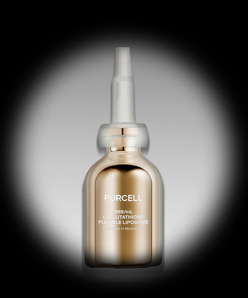 PURCELL 88 billion/mL Glutathione Flexible Liposome 30mL de la marque PURCELL, flacon éclairé sur fond sombre.