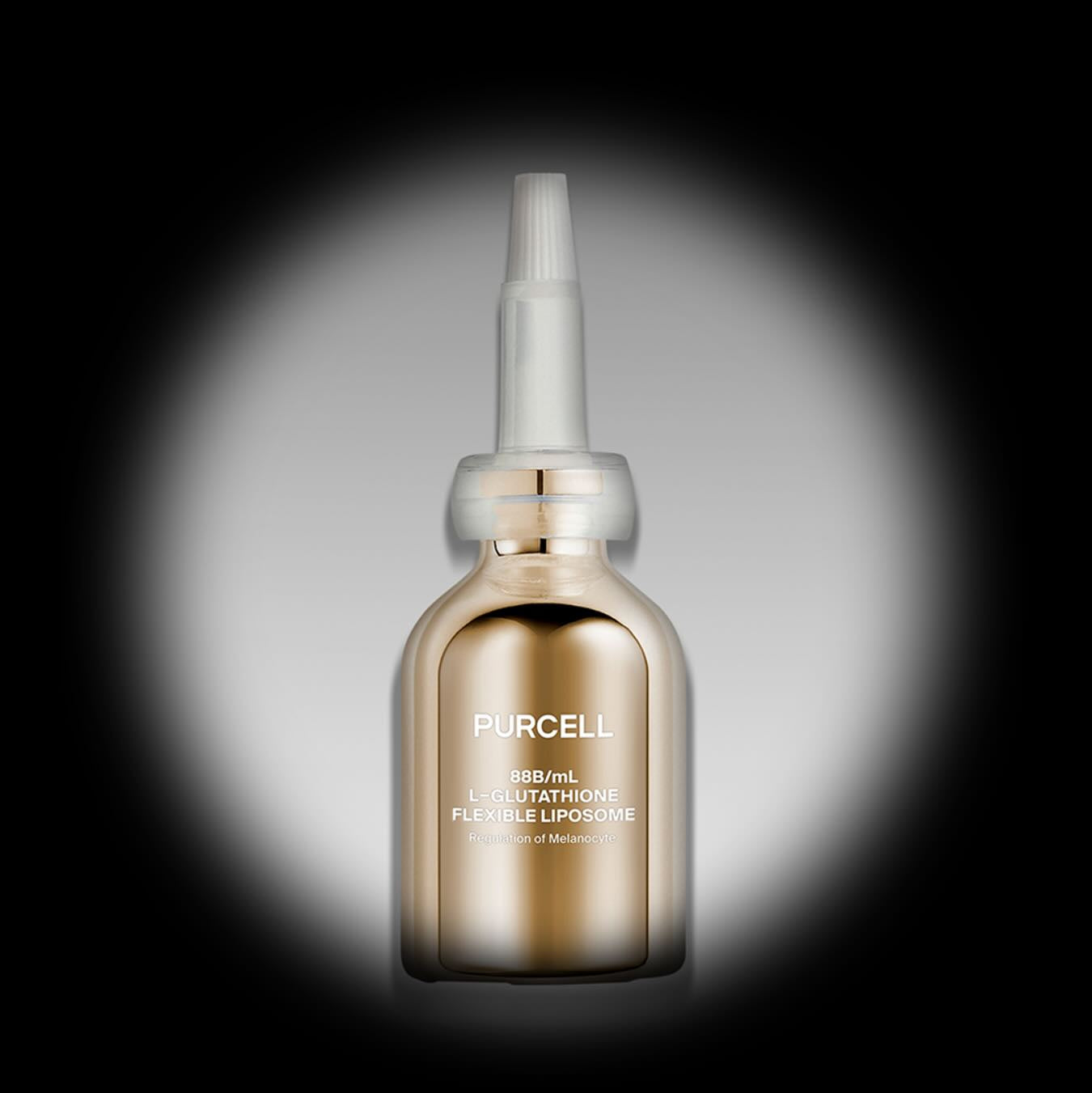 PURCELL 88 billion/mL Glutathione Flexible Liposome 30mL de la marque PURCELL, flacon éclairé sur fond sombre.