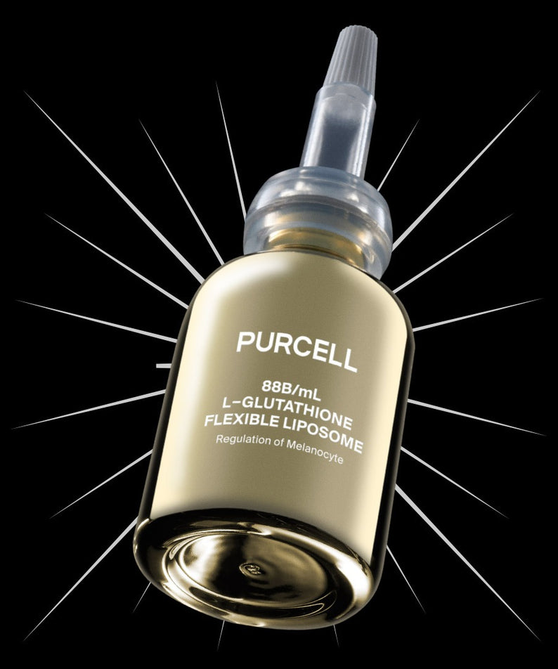 PURCELL 88 billion/mL Glutathione Flexible Liposome 30mL, flacon PURCELL sur fond noir, visuel beauté cosmétique