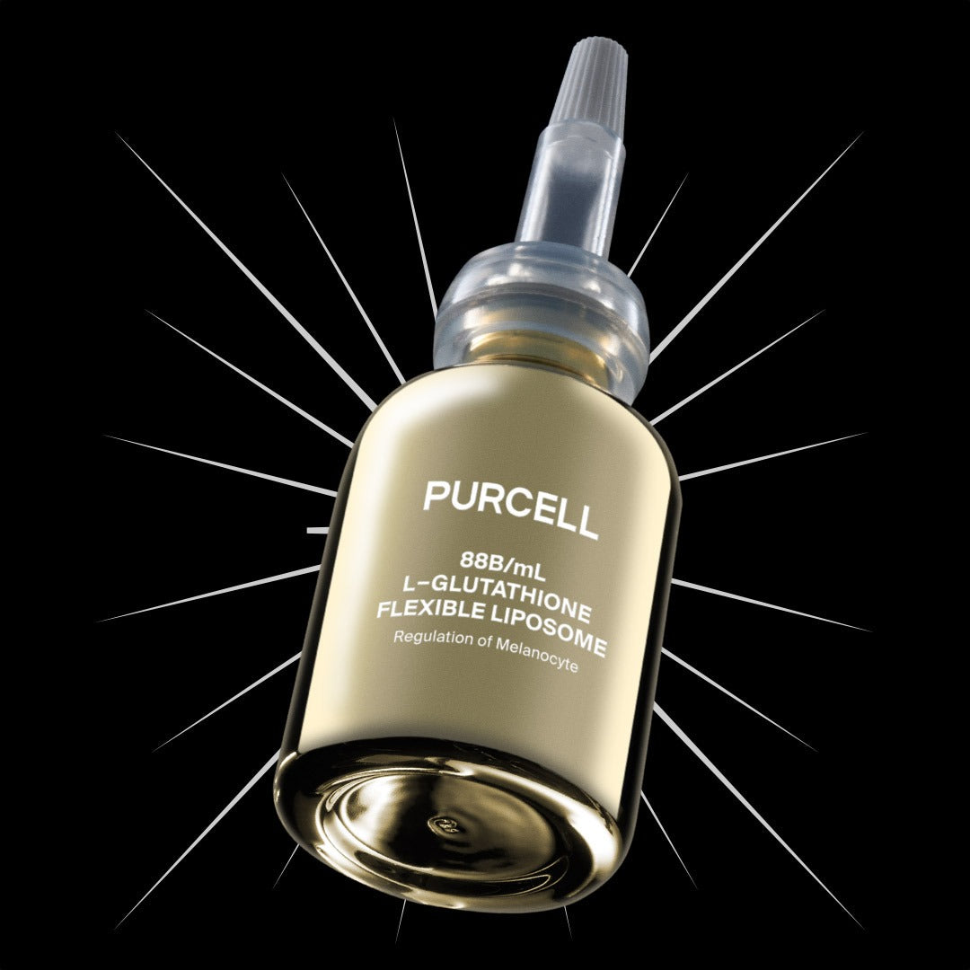 PURCELL 88 billion/mL Glutathione Flexible Liposome 30mL, flacon PURCELL sur fond noir, visuel beauté cosmétique
