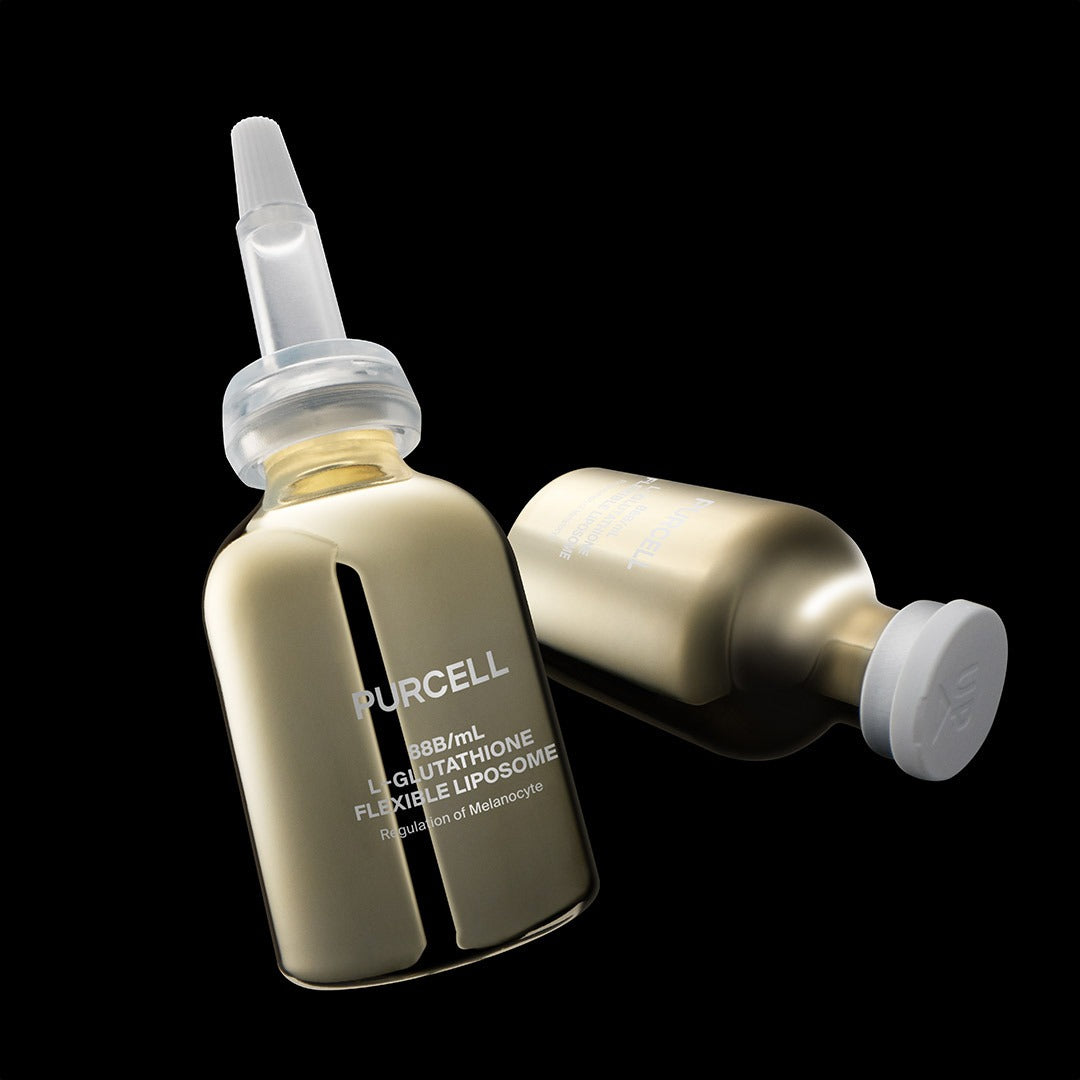 Décris l'image en français: PURCELL 88 billion/mL Glutathione Flexible Liposome 30mL, flacon crème, fond noir.