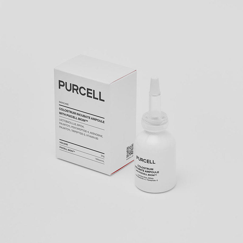 PURCELL Colostrum Incubation Ampoule 30mL, ampoule et boîte PURCELL sur fond clair, contexte produit en studio.