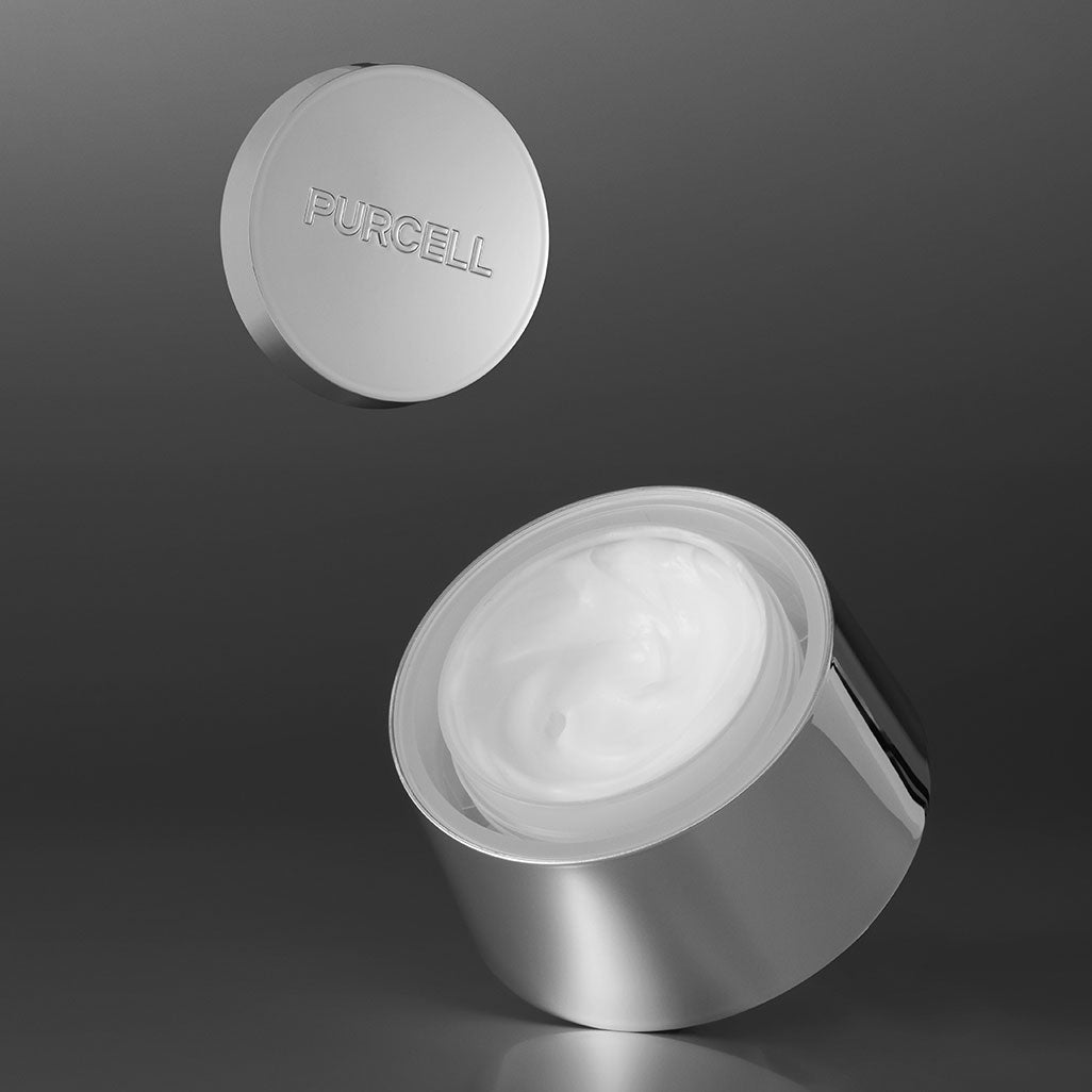 PURCELL PixelBiome™ After-Laser Rebooting Cream 50mL de PURCELL, pot crème blanc ouvert, contexte soin après-laser