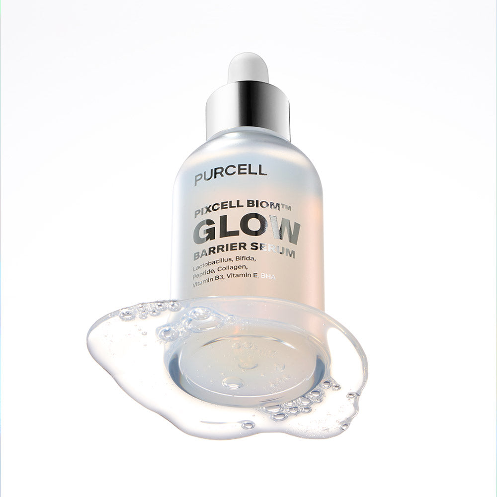PURCELL PixelBiome™ Glow Barrier Serum 50mL, sérum PURCELL sur fond blanc, gouttes et barrière lumineuse visuelle