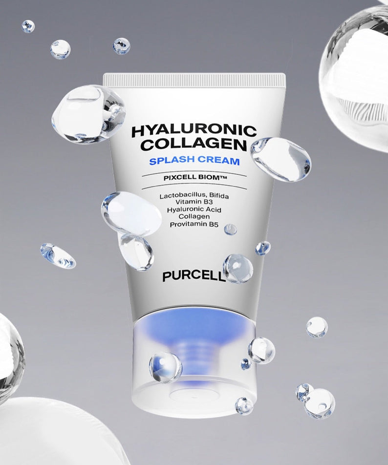 PURCELL PixelBiome™ Hyal Collagen Splash Cream 50ml, flacon blanc dans décor bulles et gouttes sur fond gris, visuel produit.
