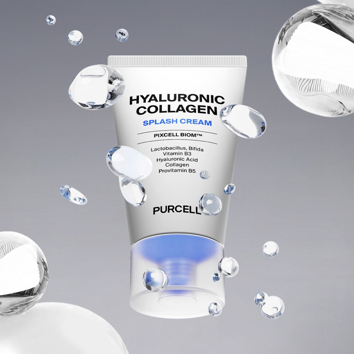 PURCELL PixelBiome™ Hyal Collagen Splash Cream 50ml, flacon blanc dans décor bulles et gouttes sur fond gris, visuel produit.