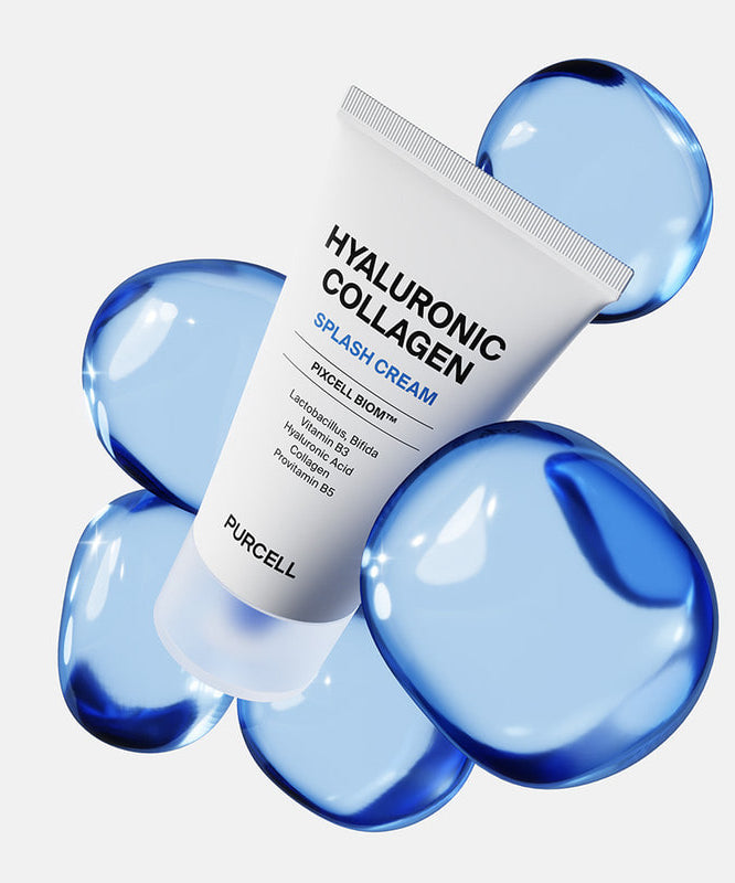 PURCELL PixelBiome™ Hyal Collagen Splash Cream 50ml, marque PURCELL, crème hydratante dans un visuel bleu holographique.