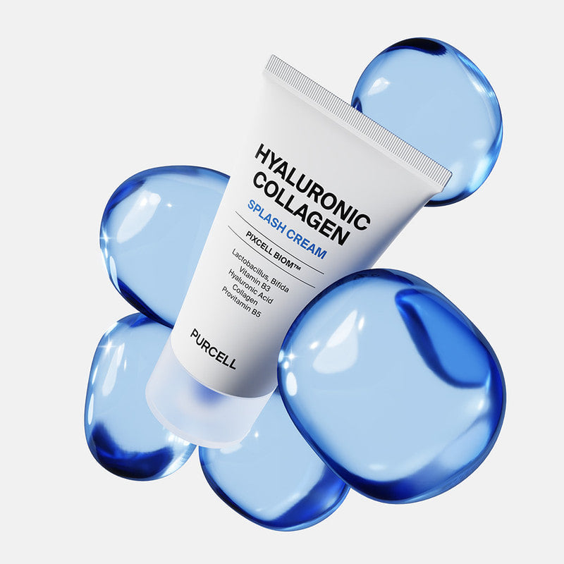 PURCELL PixelBiome™ Hyal Collagen Splash Cream 50ml, marque PURCELL, crème hydratante dans un visuel bleu holographique.