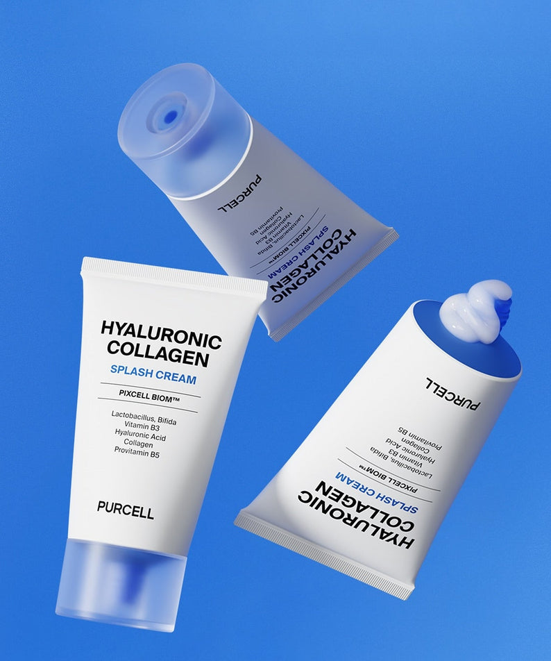 PURCELL PixelBiome™ Hyal Collagen Splash Cream 50ml, tubes sur fond bleu, produit beauté PURCELL en contexte visuel