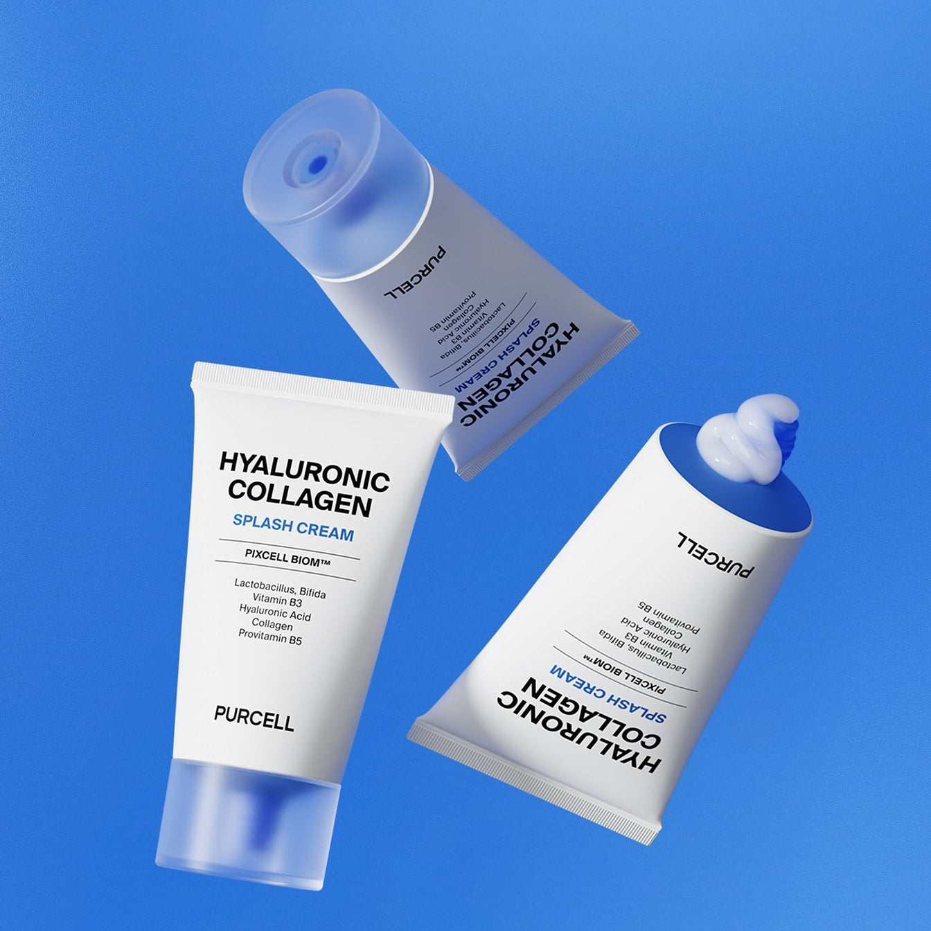 PURCELL PixelBiome™ Hyal Collagen Splash Cream 50ml, tubes sur fond bleu, produit beauté PURCELL en contexte visuel