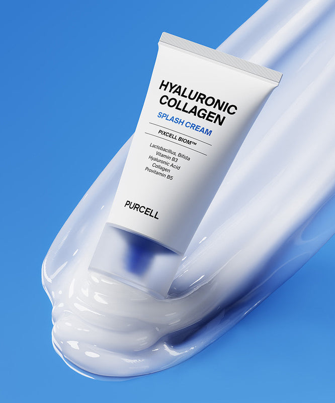 PURCELL PixelBiome™ Hyal Collagen Splash Cream 50ml, tube sur fond bleu avec texture crème, visuel produit PURCELL.