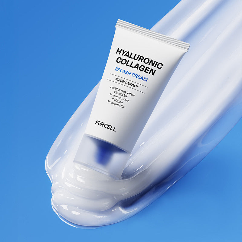 PURCELL PixelBiome™ Hyal Collagen Splash Cream 50ml, tube sur fond bleu avec texture crème, visuel produit PURCELL.