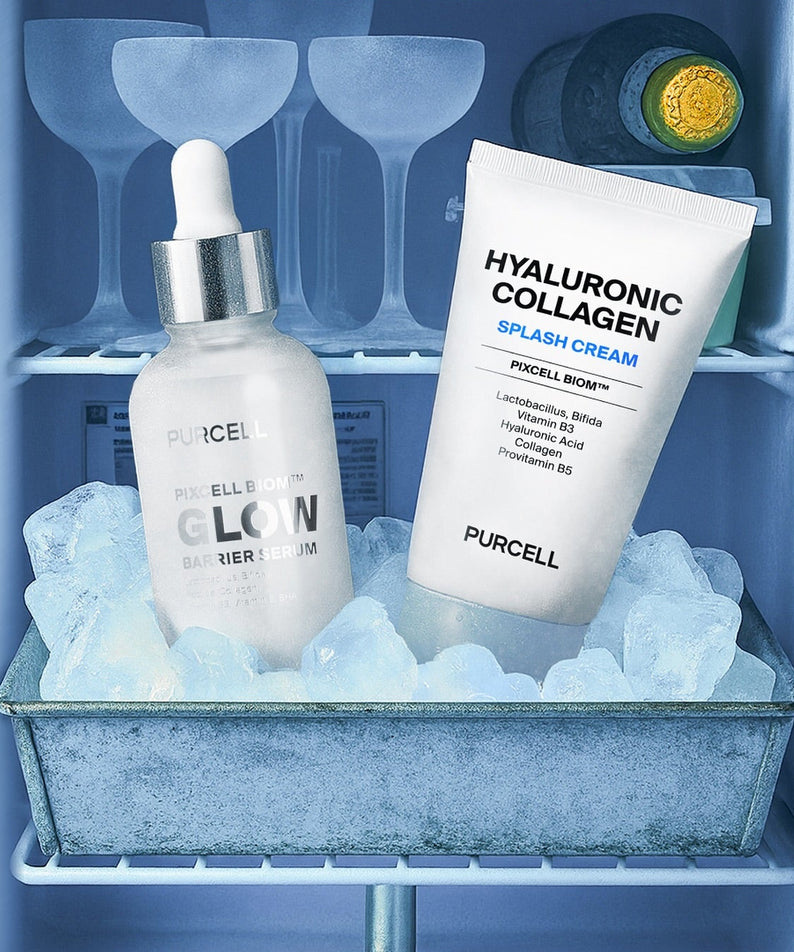PURCELL PixelBiome™ Hyal Collagen Splash Cream 50ml de PURCELL, dans un seau glacé bleu, pack et flacon sur fond froid