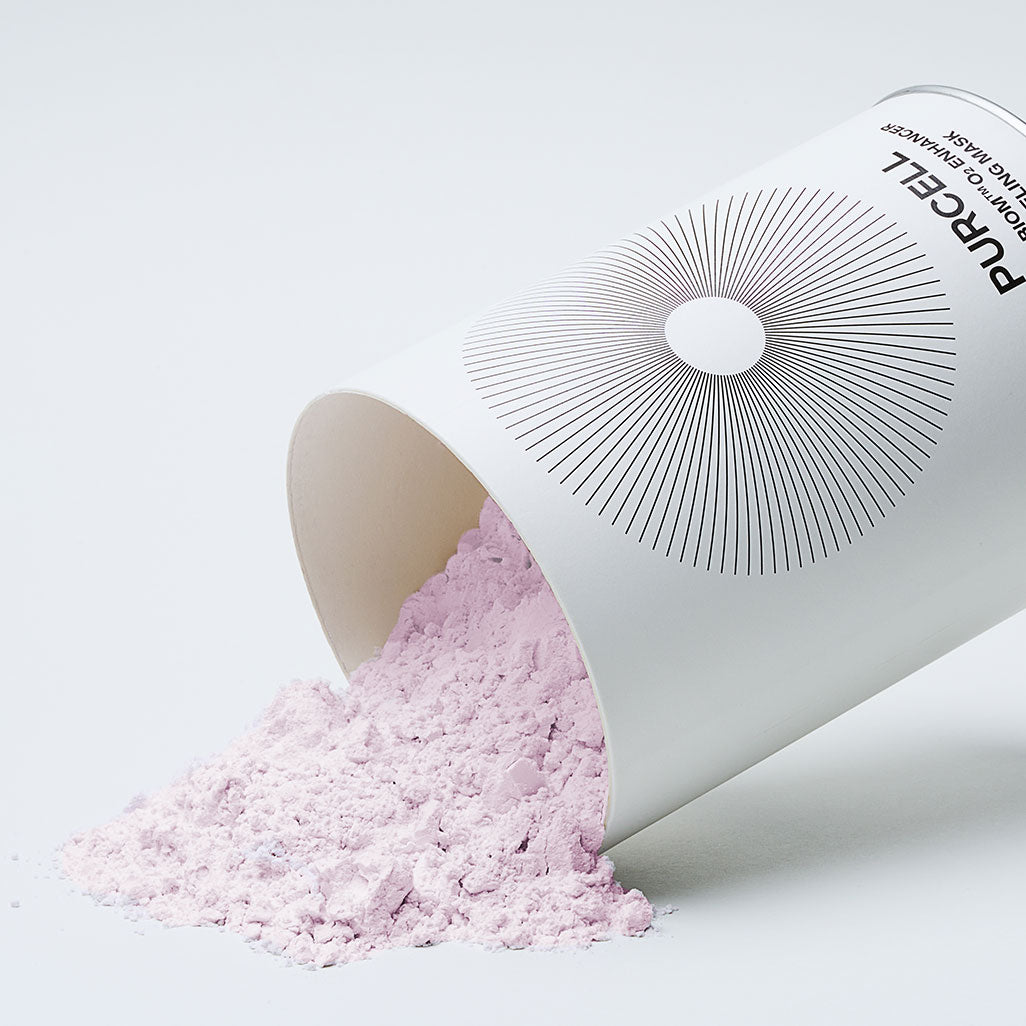 PURCELL PixelBiome™ O₂ Enhancer Modeling Mask de PURCELL, poudre rose et flacon sur fond blanc, visuel produit