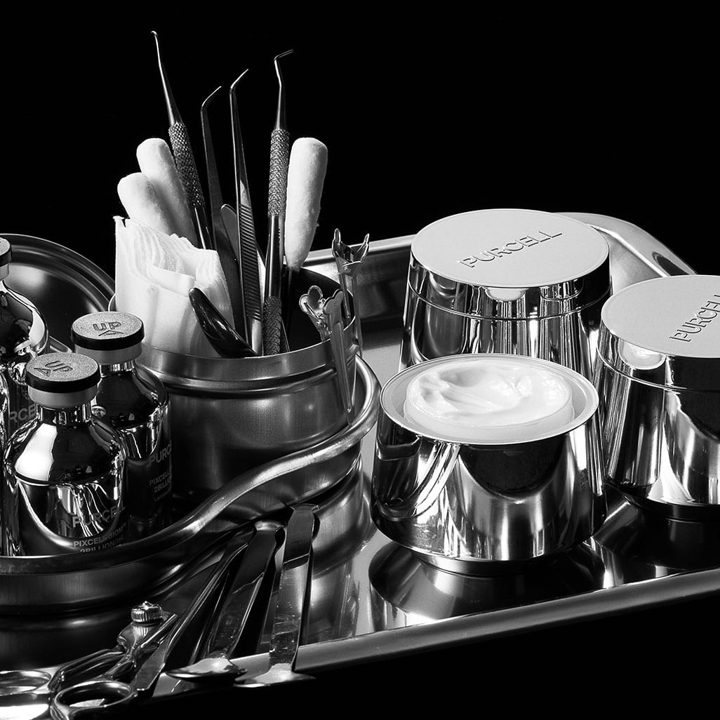 PURCELL PixelBiome™ Set (30mL of concentrate + 50mL of cream) PURCELL, flacons et crème, kit beauté en présentation noire