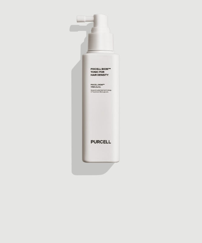 PURCELL PixelBiome™ Tonic for Hair Density 130ml, flacon blanc PURCELL sur fond clair, soin densité cheveux