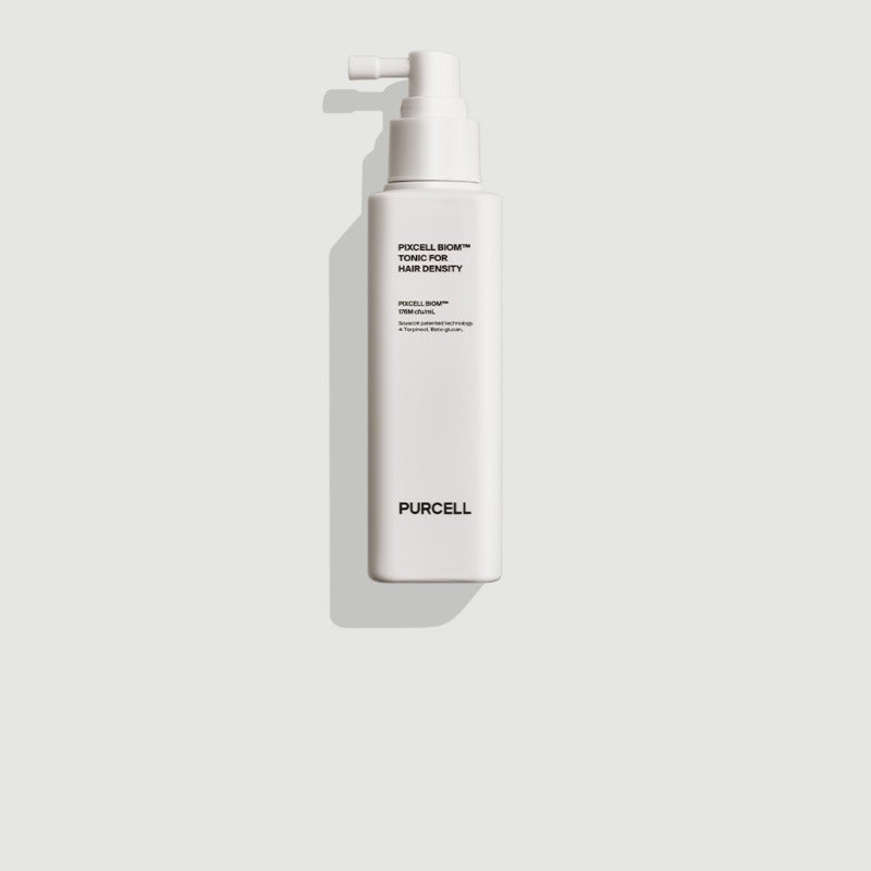PURCELL PixelBiome™ Tonic for Hair Density 130ml, flacon blanc PURCELL sur fond clair, soin densité cheveux