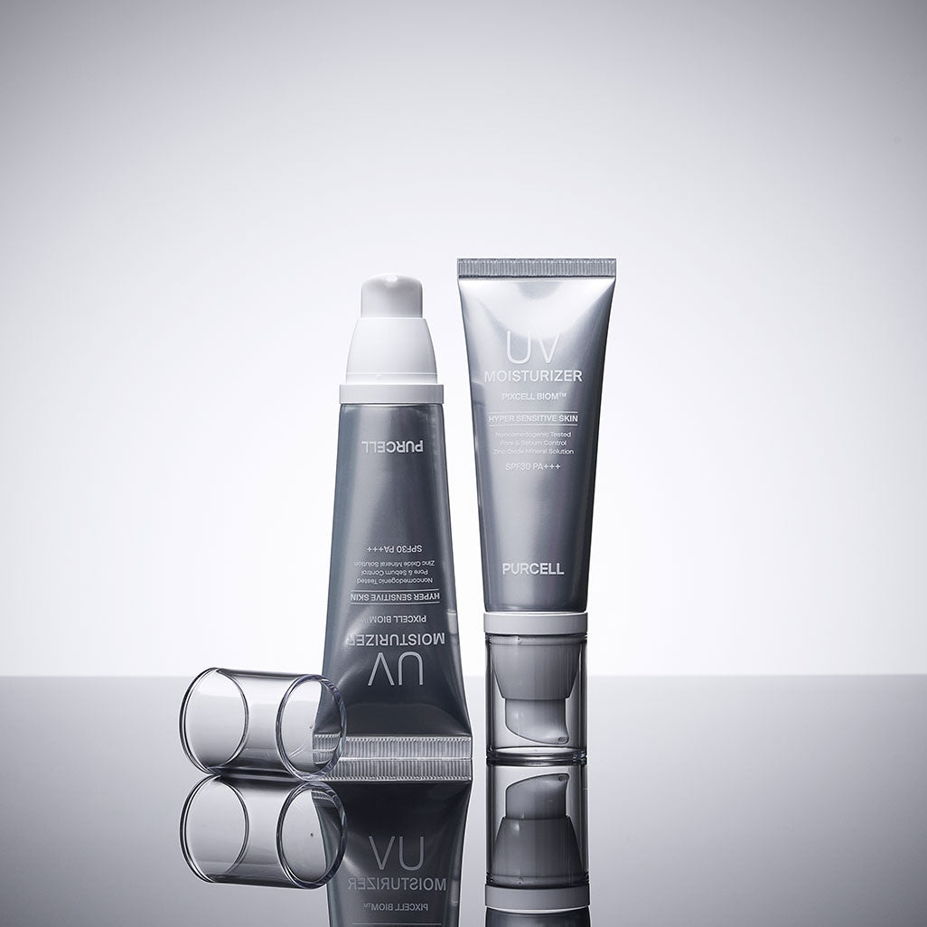 Démo produit : PURCELL PixelBiome™ UV Moisturizer 40mL de PURCELL sur fond clair, flacon et tube.