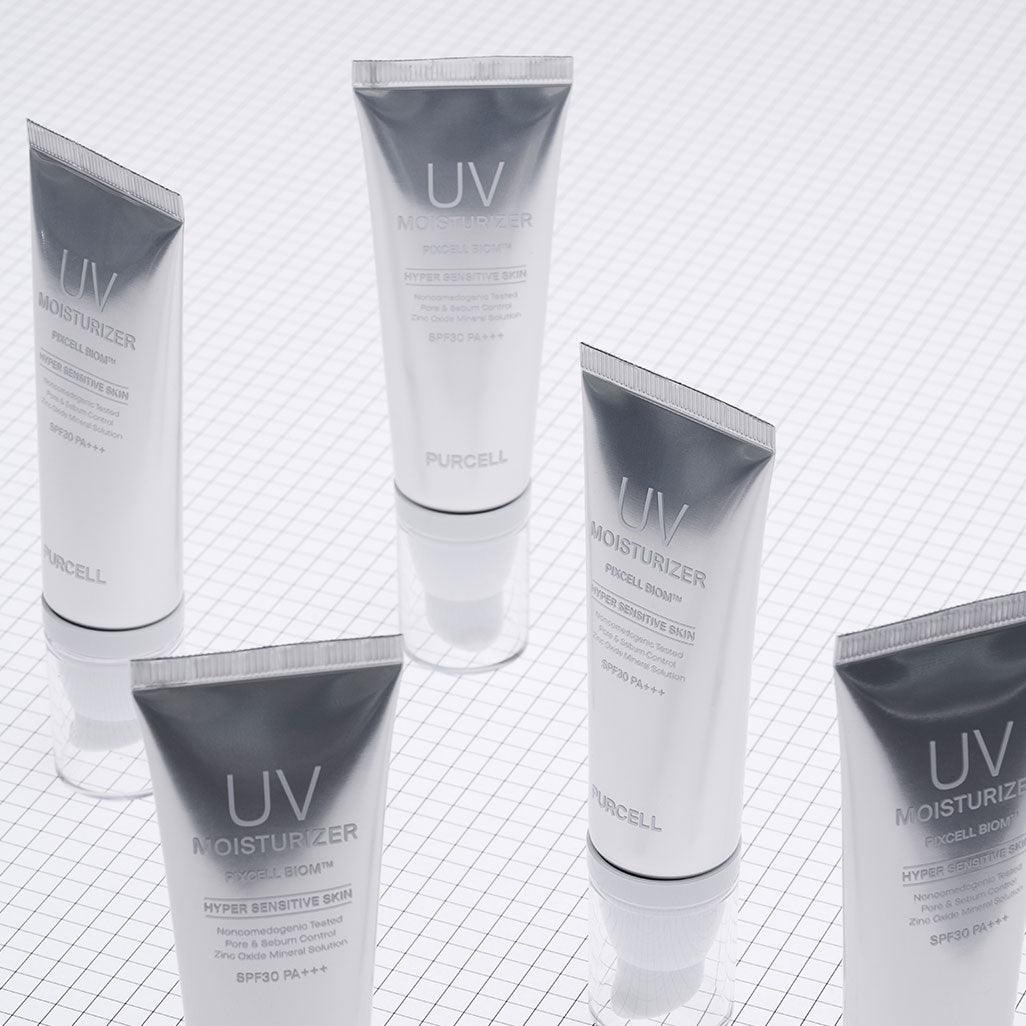 PURCELL PixelBiome™ UV Moisturizer 40mL de PURCELL, tubes UV sur fond quadrillé clair, vue produit.