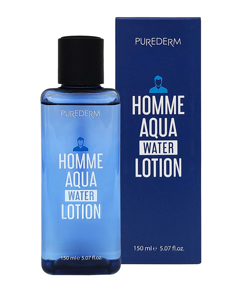 PUREDERM Men's Aqua Water Lotion 150ml, flacon bleu et boîte HOMME AQUA, cosmétique homme sur fond blanc