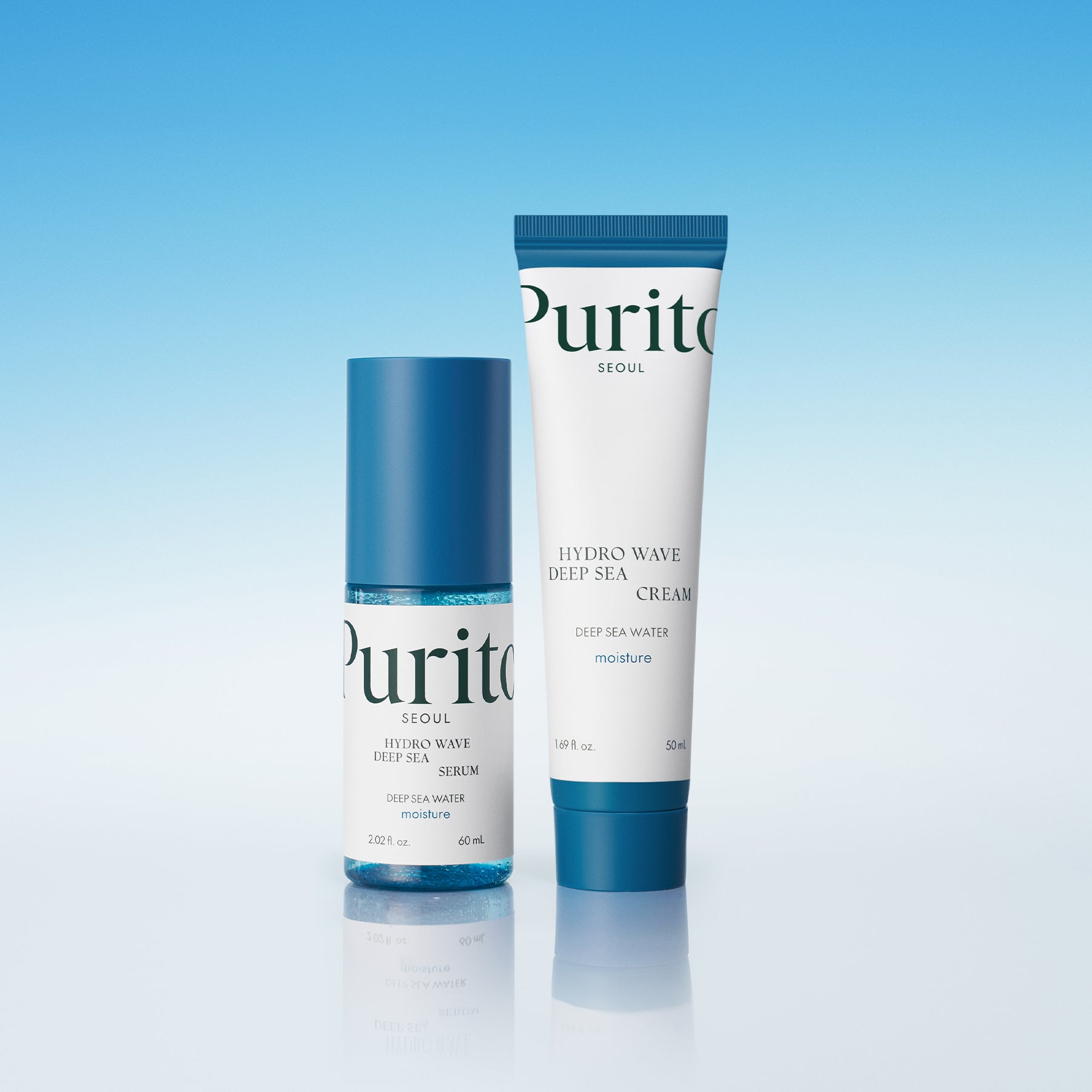 Décris l'image en français : PURITO Hydro Wave Deep Sea Cream 50ml, tube blanc et bleu sur fond bleu ciel.