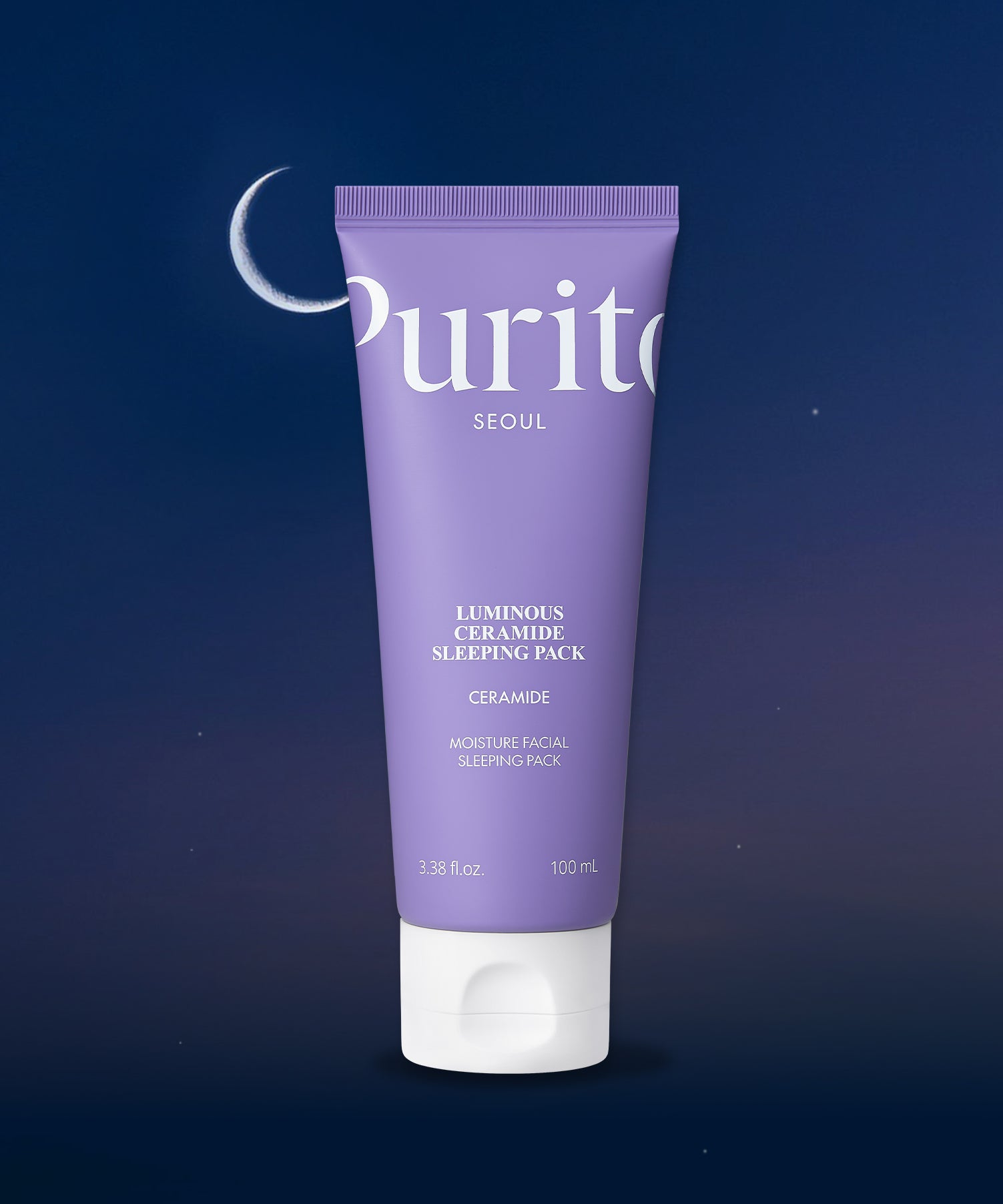PURITO Luminous Ceramide Sleeping Pack, tube violet PURITO sur fond bleu nuit, ambiance cosmétique nocturne.