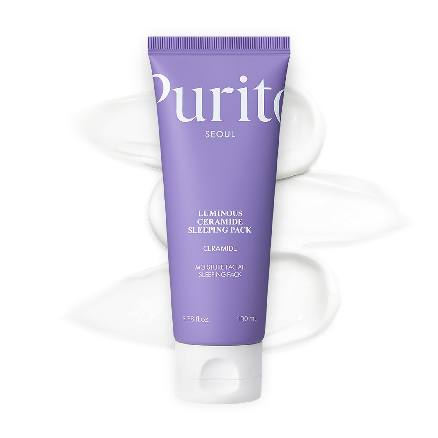 PURITO Luminous Ceramide Sleeping Pack, tube cosmétique violet de la marque Purito sur fond blanc en studio.