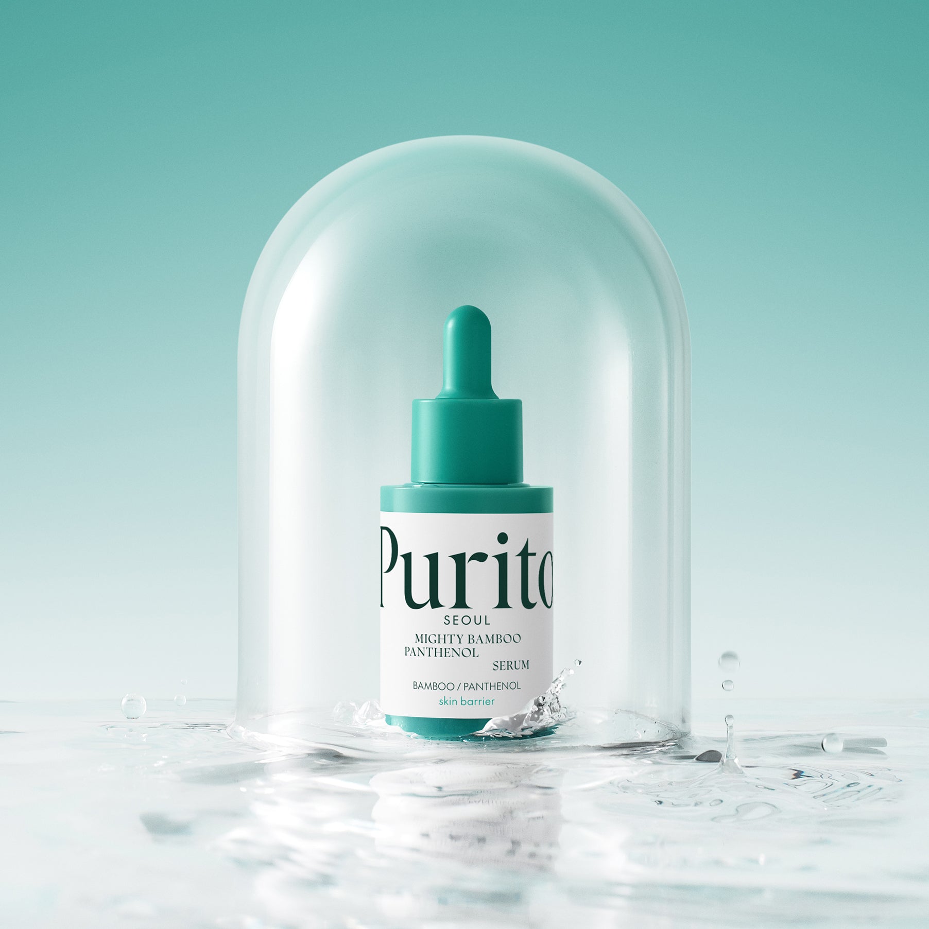 PURITO Mighty Bamboo Panthenol Serum 30ml Purito, flacon sous cloche, fond turquoise, gouttes d’eau, visuel skincare
