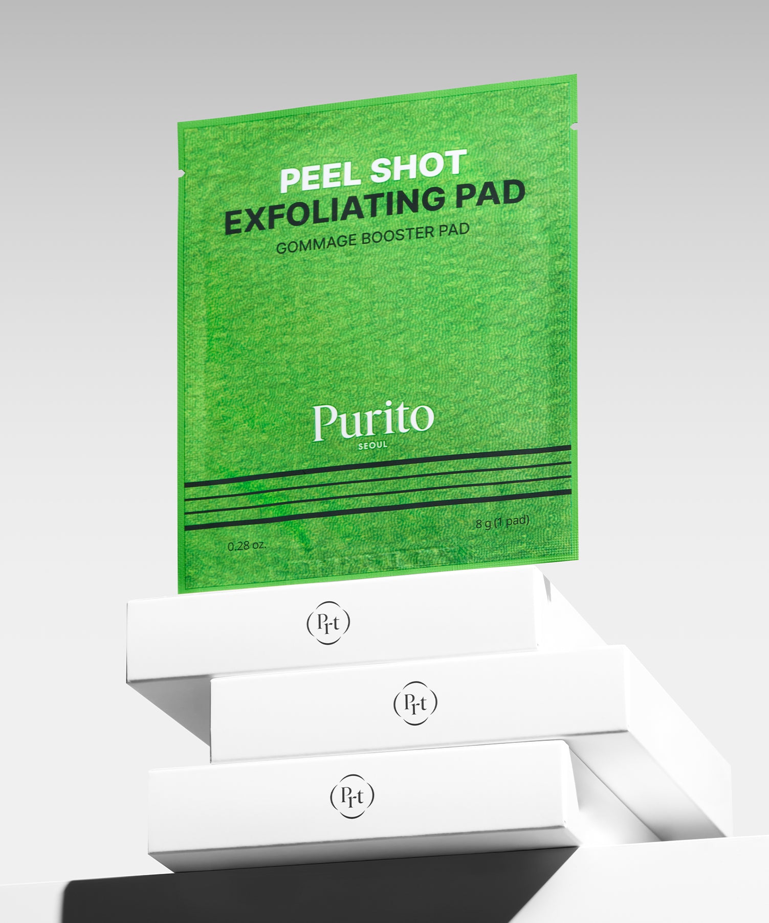 PURITO Peel Shot Exfoliting Pad 64g 8 Pads, coffret vert sur fond blanc, gros plan du produit Purito.