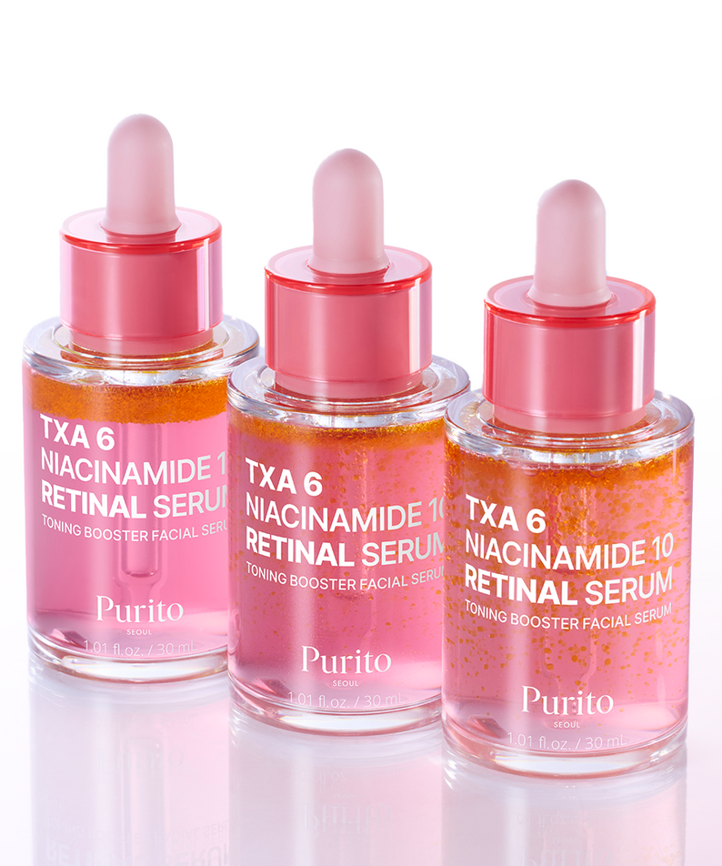 Décris l'image en français : PURITO Tranexamic Acid 6 Niacinamide 10 Retinal Serum 30ml, flacons roses sur fond blanc.