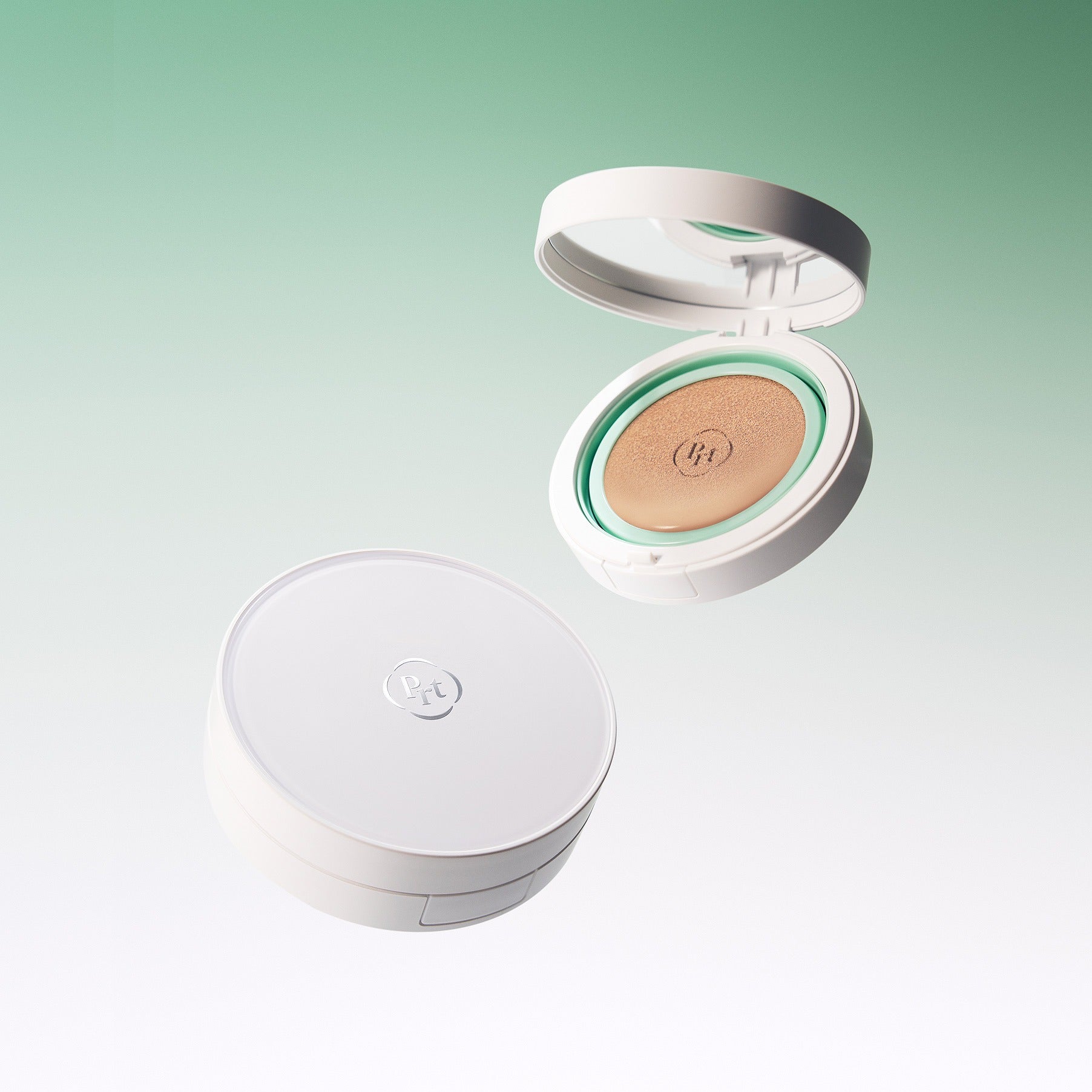 PURITO Wonder Releaf Celtella BB Cushion 15g, boîtier ouvert sur fond vert clair, texture crème et marque PURITO