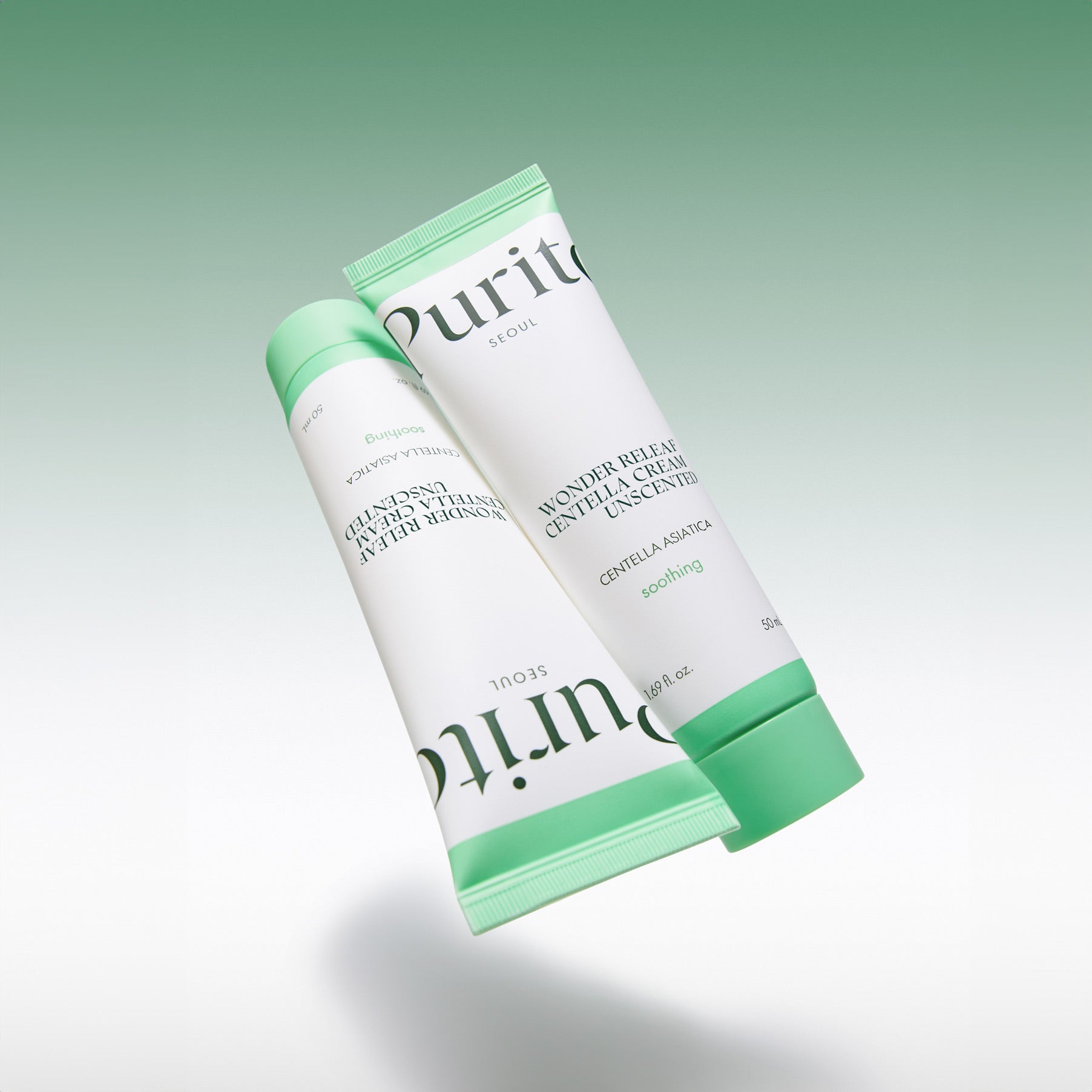 PURITO Wonder Releaf Centella Cream Unscented 50ml de la marque PURITO, tube vert sur fond clair, photo produit.