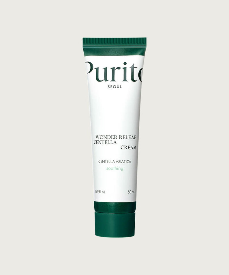 PURITO Wonder Relief Centella Cream de PURITO, tube crème vert et blanc sur fond clair, visuel produit