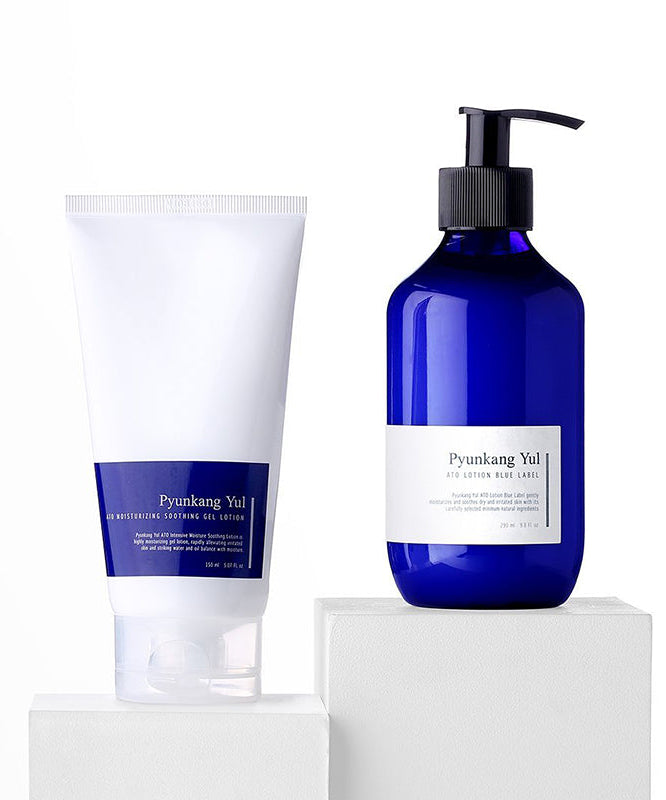 PYUNGKANG YUL Ato Moisture-Enhancing Soothing Gel Lotion 150ml, tubes blanc & flacon bleu sur fond clair