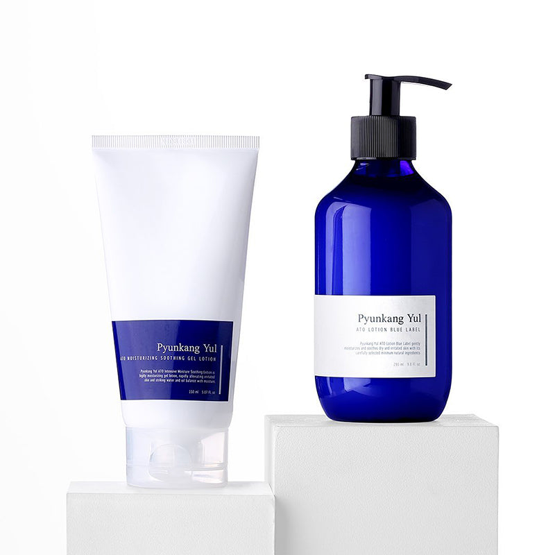 PYUNGKANG YUL Ato Moisture-Enhancing Soothing Gel Lotion 150ml, tubes blanc & flacon bleu sur fond clair