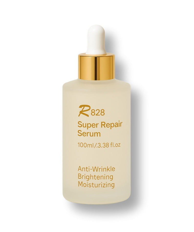 R828 Super Repair Serum 100ml de la marque R828, flacon sérum blanc et or sur fond clair (visuel produit)