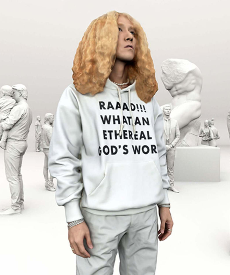 RAD MUSEUM - 1st Album [RAD] - Album Kpop, visuel studio avec figurines blanches et membre RAD MUSEUM en hoodie