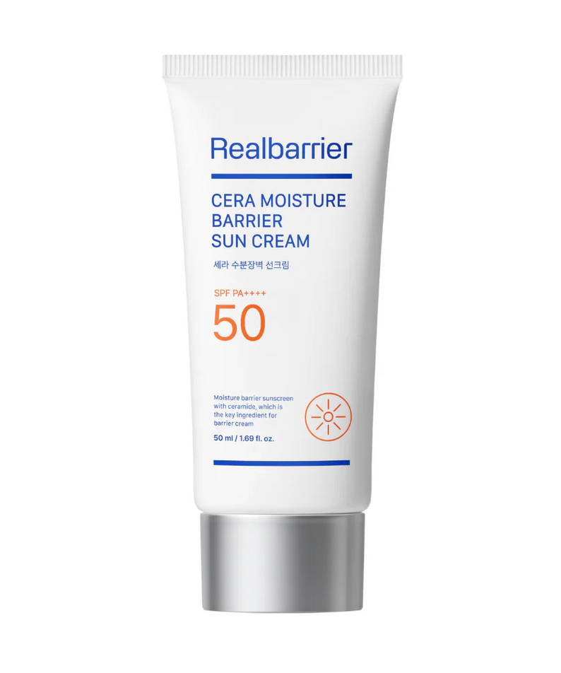 REAL BARRIER Cera Moisture Barrier Sun Cream 50ml, tube crème solaire Realbarrier, vue produit sur fond clair.