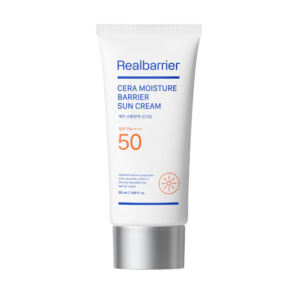REAL BARRIER Cera Moisture Barrier Sun Cream 50ml, tube crème solaire Realbarrier, vue produit sur fond clair.