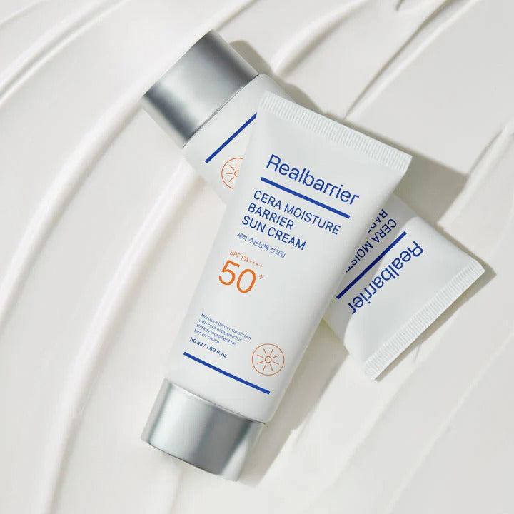 REAL BARRIER Cera Moisture Barrier Sun Cream 50ml, tube sur fond blanc, crème solaire hydratante brandée Real Barrier
