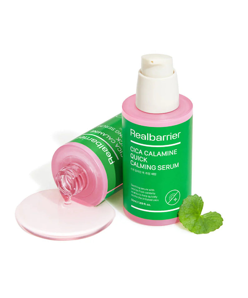 REAL BARRIER Cica Calamine Quick Calming Serum 50ml, photo produit Real Barrier sur fond blanc, flacon vert et pompe