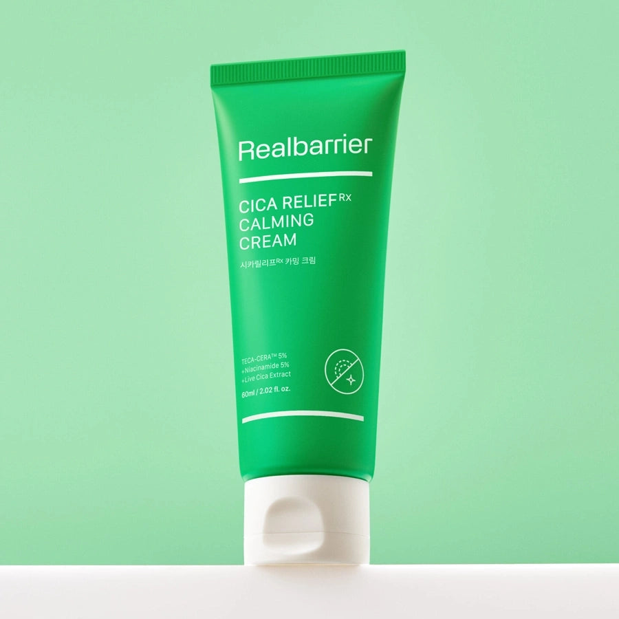 REAL BARRIER Cica Relief Rx Calming Cream 60ml, crème apaisante Realbarrier, tube vert sur fond clair.