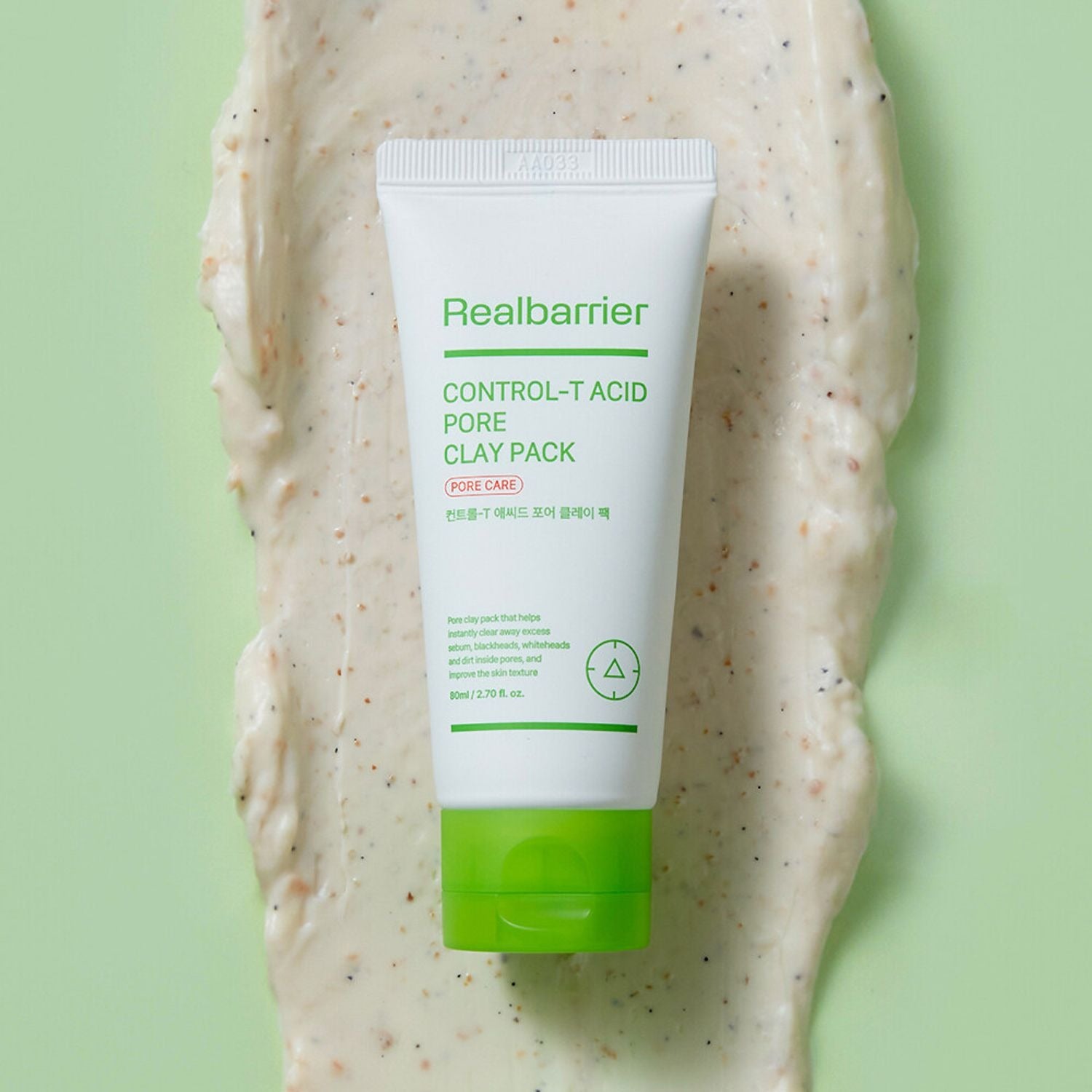 REAL BARRIER Control-T Acid Pore Clay Pack 80ml, tube Realbarrier sur peau texturée verte, pack de soin visage anti-pores