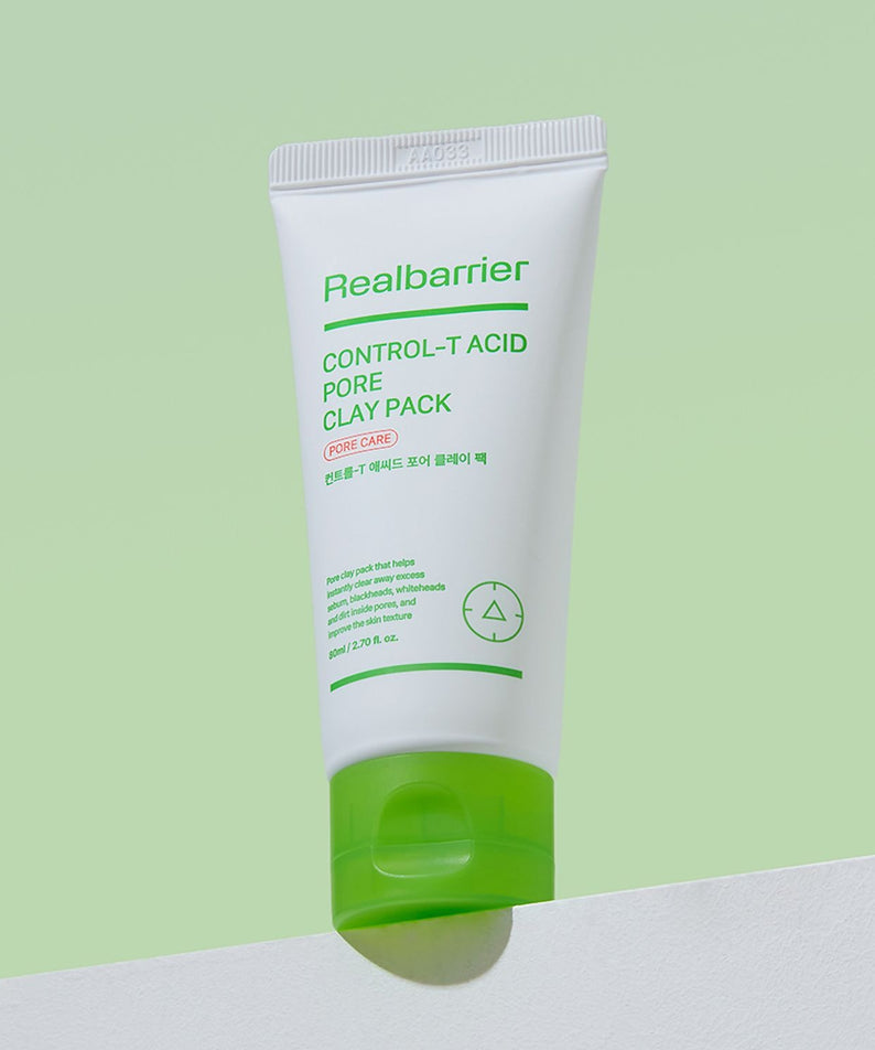REAL BARRIER Control-T Acid Pore Clay Pack 80ml Realbarrier, tube de masque argileux sur fond vert clair, cosmétique visage